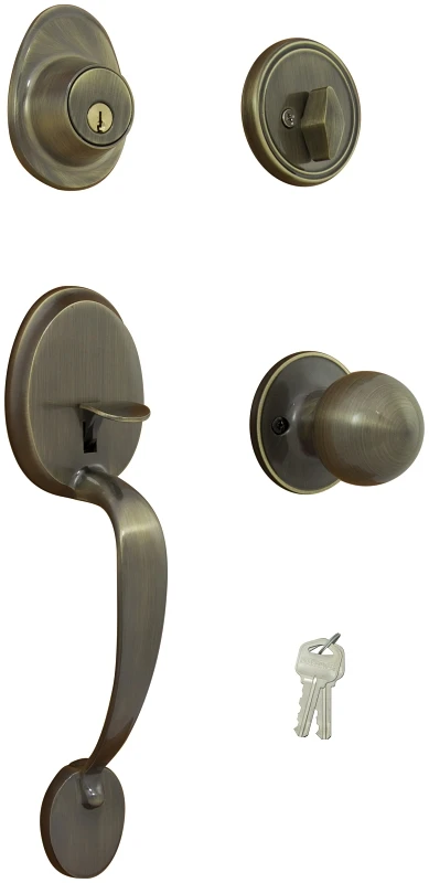 7001159 Antique Brass Handleset With T3 Knob And Single Cylinder Deadbolt