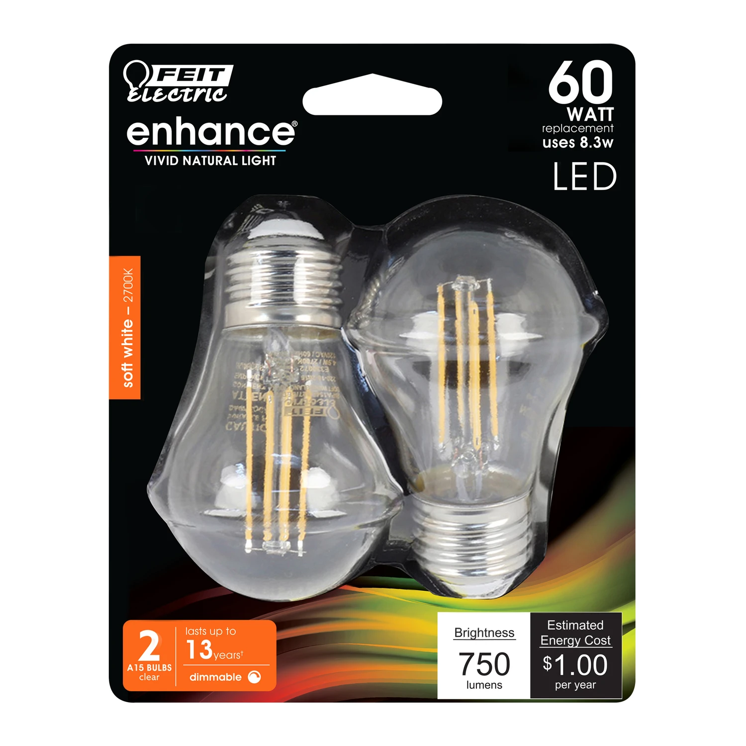 A15 E26 Led Bulb Soft White 60w Equivalent 2 Pk, 750 Lumens, Dimmable