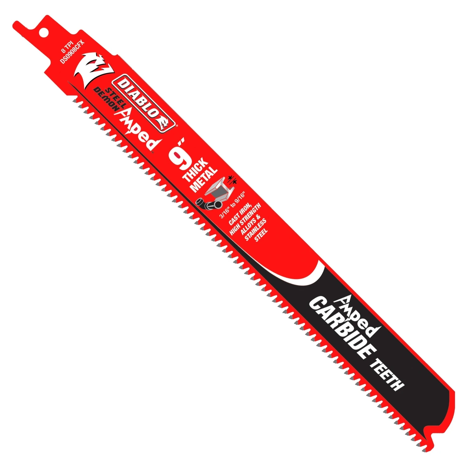 Diablo Steel Demon Amped DS0908CFA Reciprocating Saw Blade, 1 in W, 9 in L, 8 TPI, Carbide Cutting Edge Diablo Steel Demon Amped DS0908CFA Reciprocating Saw Blade, 1 in W, 9 in L, 8 TPI, Carbide Cutting Edge