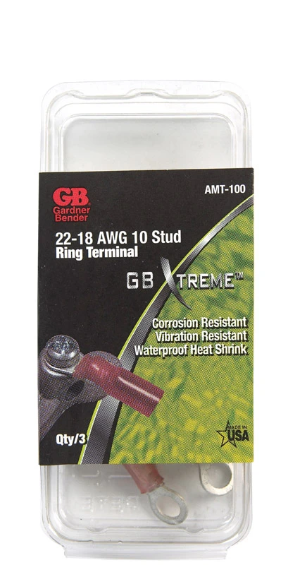 Nylon Insulated Ring Terminals, 22-18 AWG, Red, 8 Stud, 3-Pk.