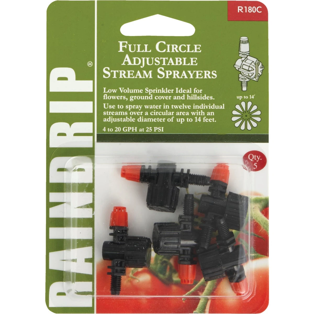 Adjustable Flow Micro Sprinkler, Full-Circle Pattern, Stream Spray, with 10-32 Threaded Inlet, 5-Pack