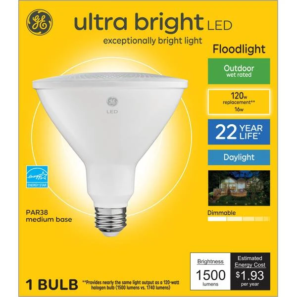 GE Ultra Bright Series 93130317 Floodlight Bulb, PAR38 Lamp, 120 W Equivalent, Medium Lamp Base, Yes, Clear, Daylight