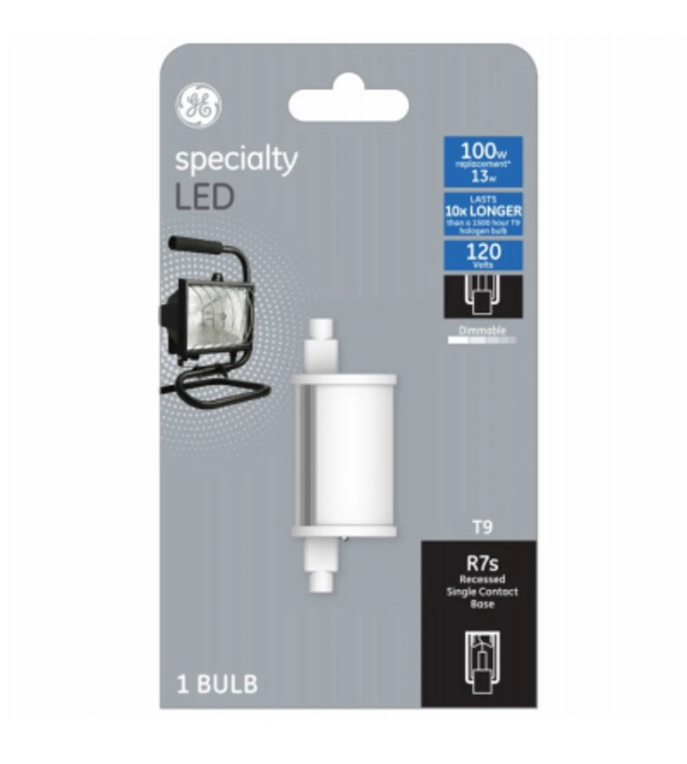 GE 93129010 LED Bulb, Specialty, 800 Lumens, 13 W, T9 Lamp, RX7s Lamp Base, Dimmable, Soft White, 3000 K Color Temp