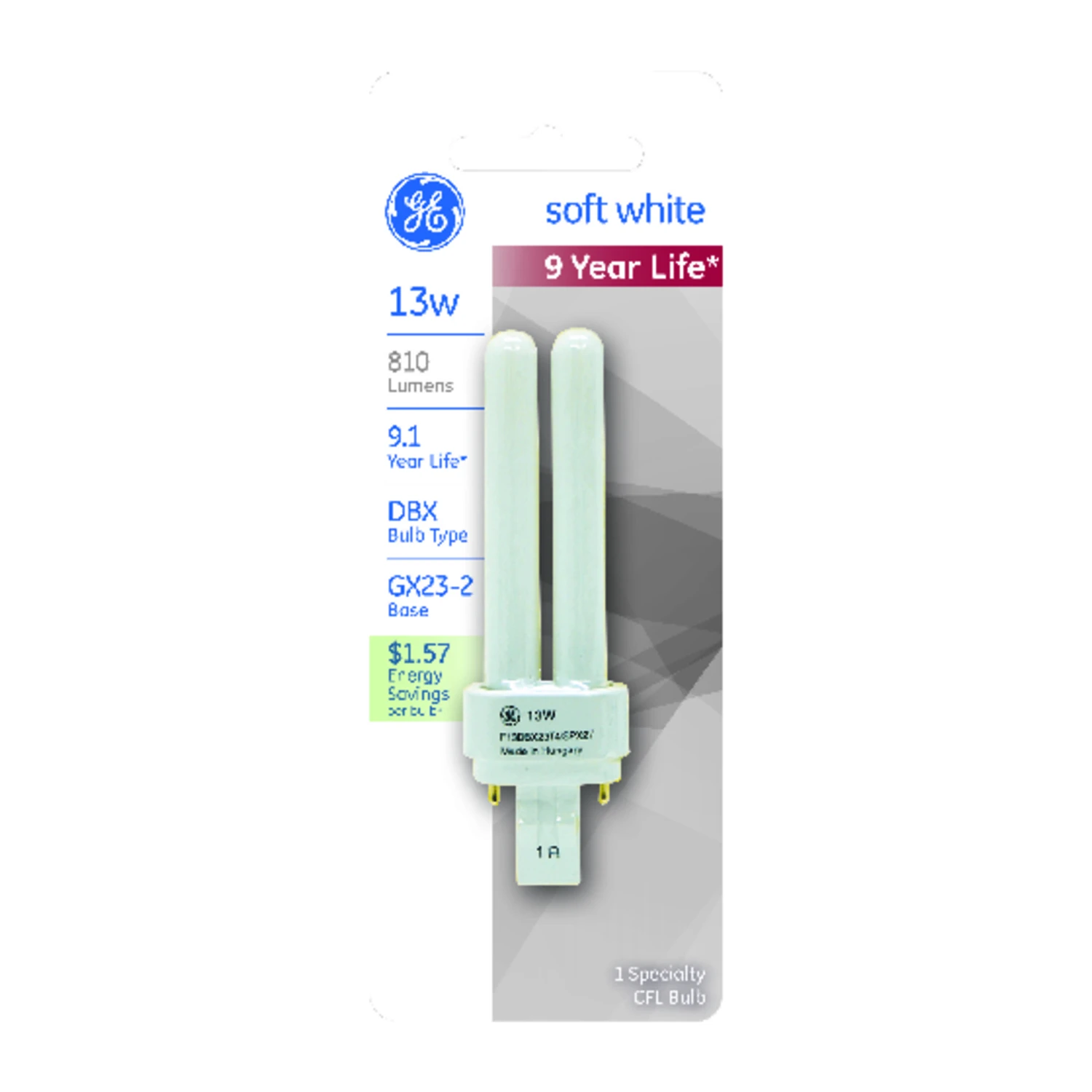GE 13578 Fluorescent Tube, 13 W, T4 Lamp, GX23-2 Lamp Base, 810 Lumens, 2700 K Color Temp, Soft White Light