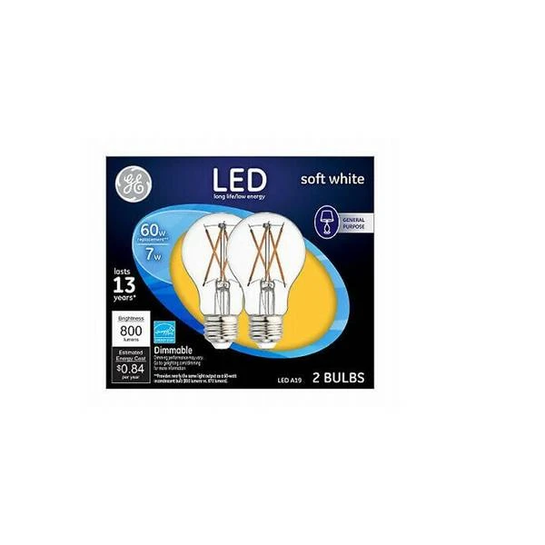 GE 93098656 Light Bulb, General-Purpose, A19 Lamp, 60 W Equivalent, Medium Lamp Base, Dimmable, Clear, Soft White Light