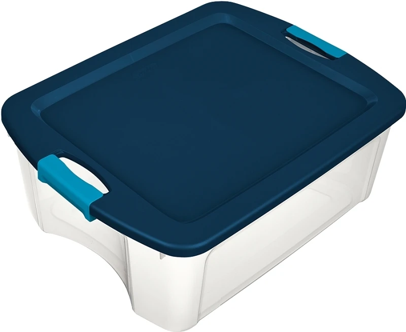 12 Gallon Clear Base With Blue Latch & Carry Storage Tote 23.75" L X 18" W X 9.25" H