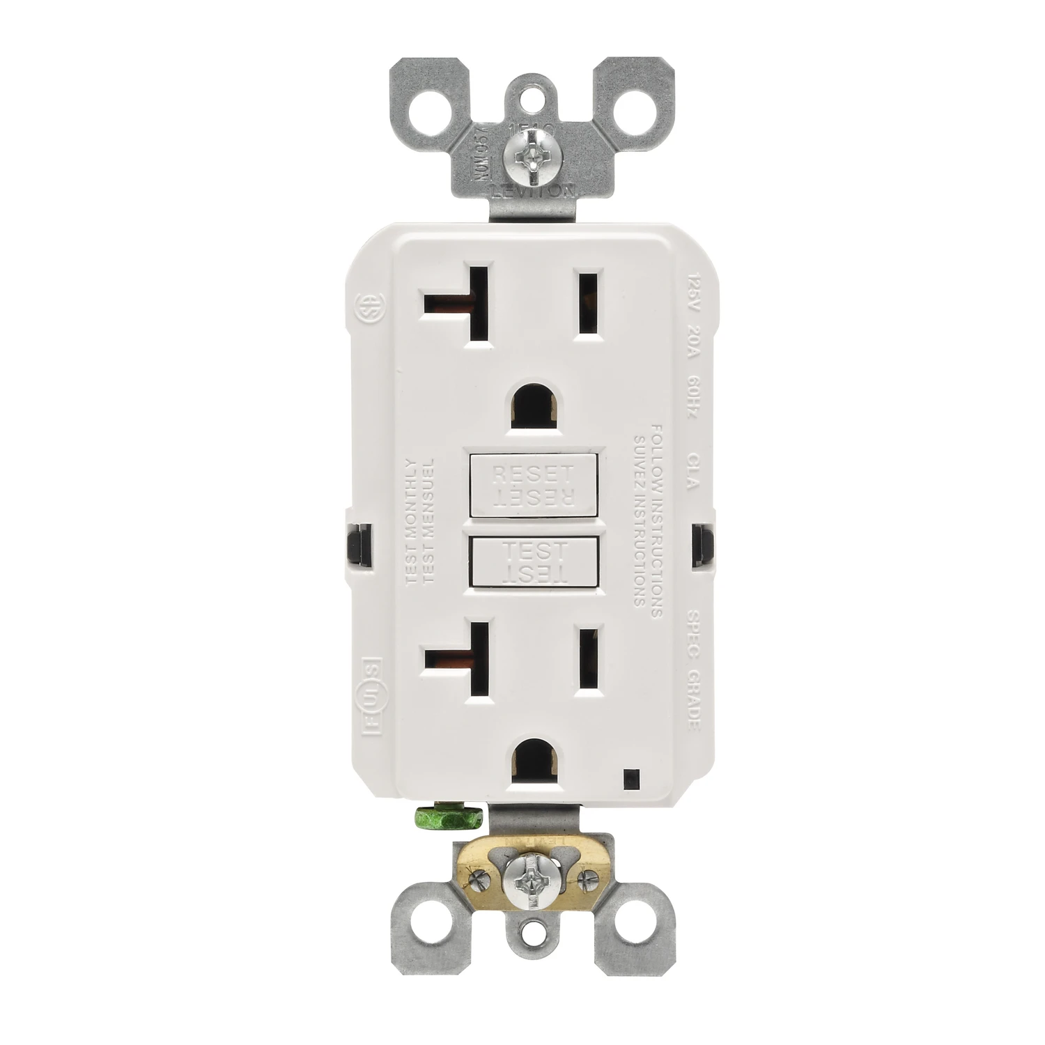 Leviton R02-GFNT2-0KW GFCI Receptacle, 2 -Pole, 20 A, 125 V, Back, Side Wiring, NEMA: 5-15R, White