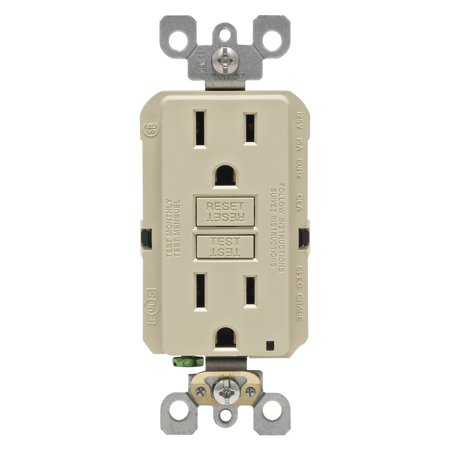 Leviton R01-GFNT1-0KI GFCI Duplex Receptacle, Polycarbonate, Ivory, 2-Pole, 15 A, 3-Wire, Back, Side Wiring