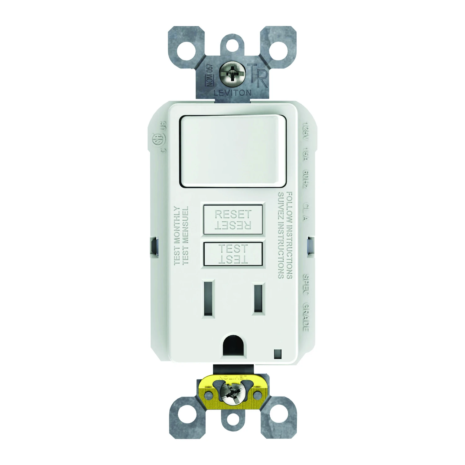 Leviton C92-GFSW1-00W Combination Switch, 2 -Pole, 15 A, 125 V, White