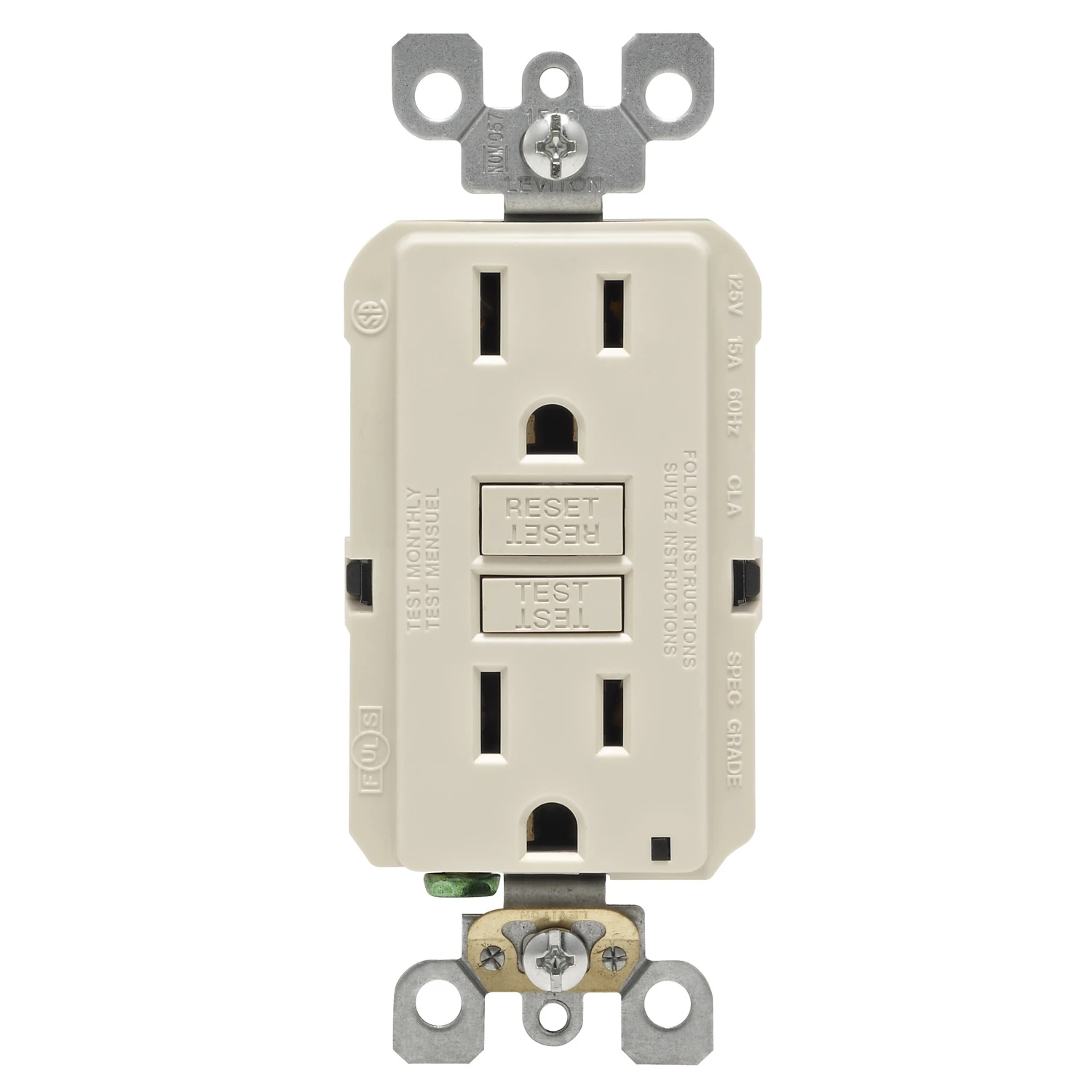 Leviton R06-GFNT1-0KT GFCI Duplex Receptacle, Polycarbonate, Light Almond, 2-Pole, 15 A, 125 V, 60 Hz