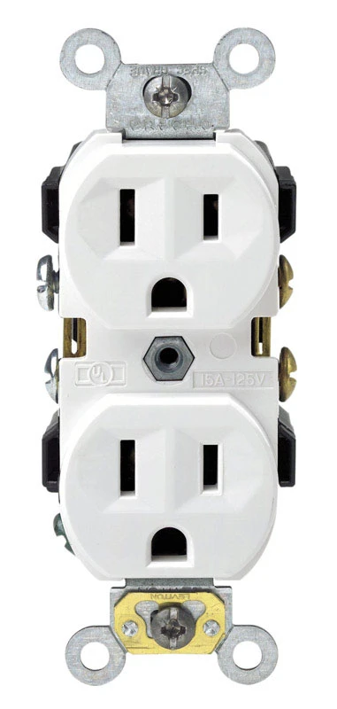Leviton CBR15-W Duplex Outlet, 2 -Pole, 15 A, 125 VAC, Back, Side Wiring, NEMA: 5-15R, White
