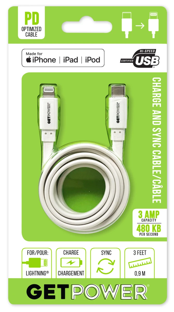 USB-C to Apple Lightning Charge/Sync Cable, 3 Ft.