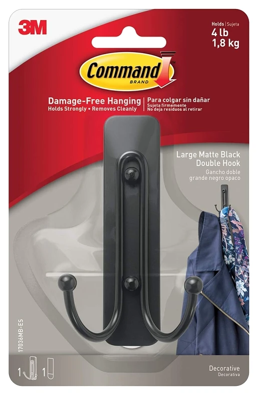 Command 17036MB-ES Large Decorative Double Hook, 5 lb, 1-Hook, Metal/Plastic, Black, Matte