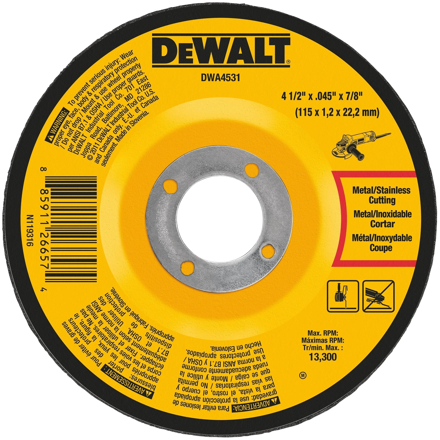 DEWALT DWA4531 Cut-Off Wheel, 4-1/2 in Dia, 0.045 in Thick, 7/8 in Arbor, Very Fine, Aluminum Oxide Abrasive