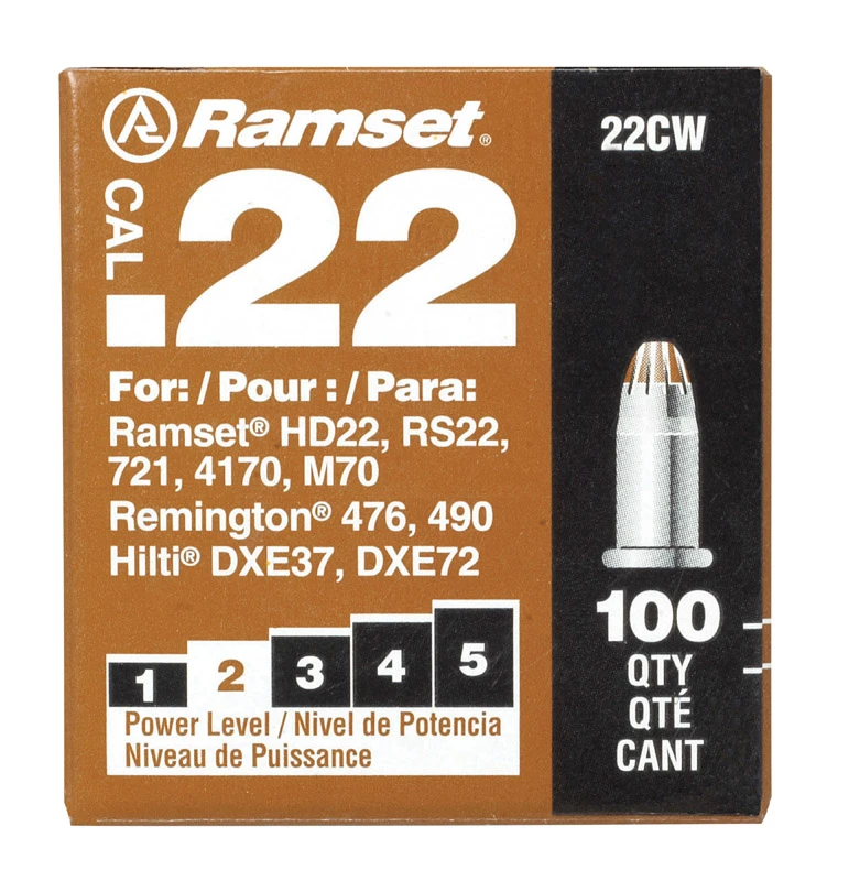 Ramset C22CW Single Shot Powder Load, Power Level: 2, Brown Code, 0.22 in Dia, 2-1/8 in L