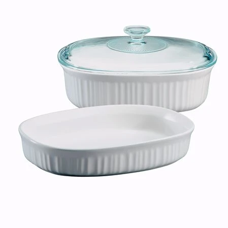 French White 3-piece Oval Bake And Serve Set With Glass Cover