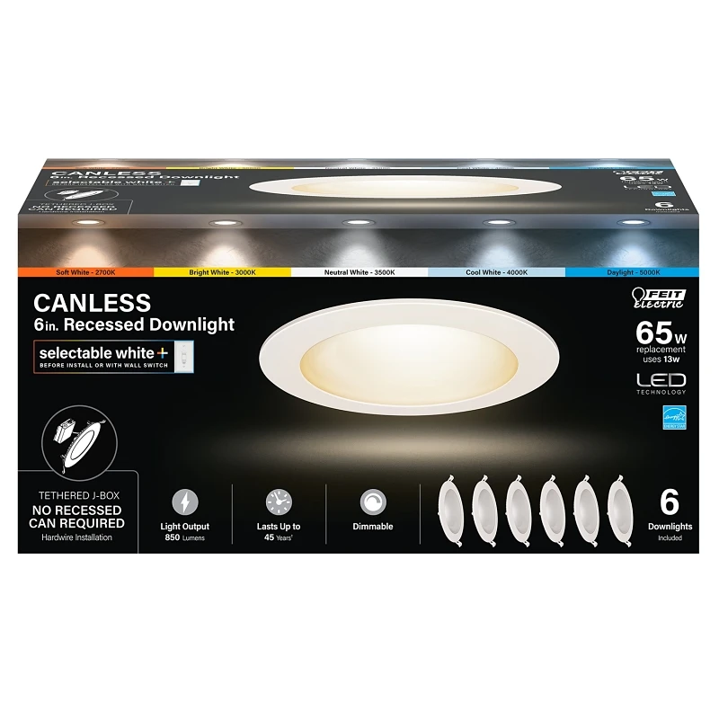 LED Canless Recessed Downlight, Color Selectable, 9 Watt, 6 In., 6-Pk.