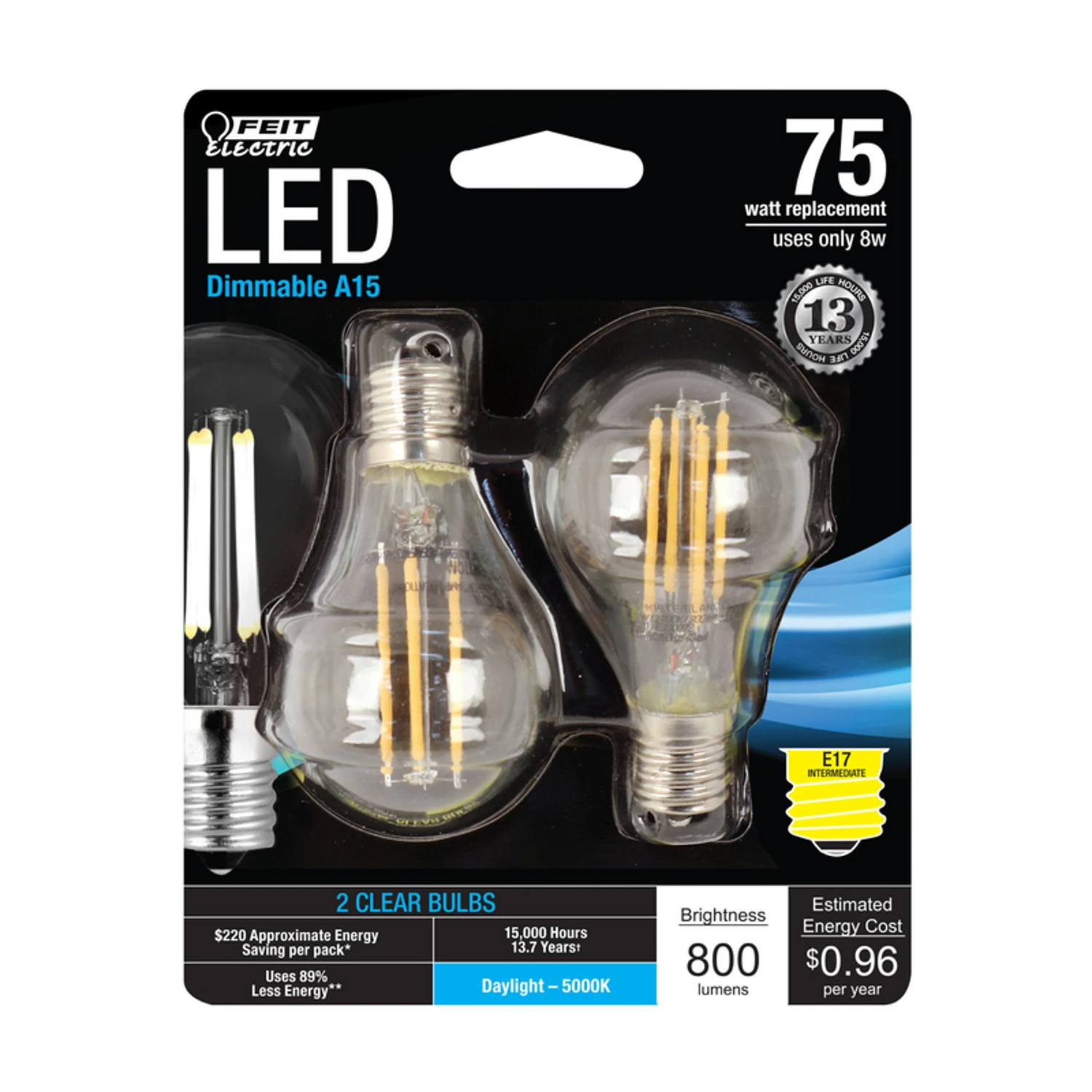 A15 E17 Filament Led Bulb Daylight 75w Equivalence 2 Pk, 800 Lumens