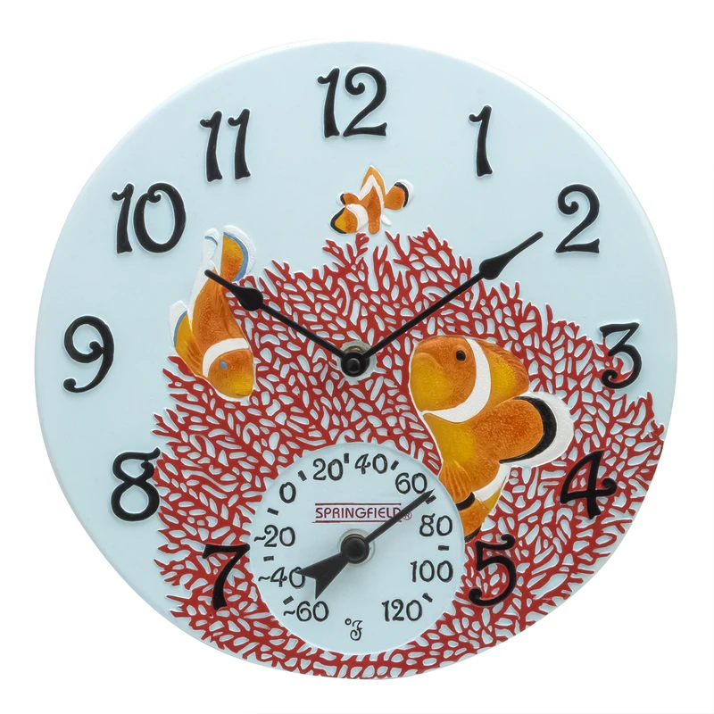 Taylor Springfield 12" Poly Resin Clock With Thermometer - Clown Fish Design