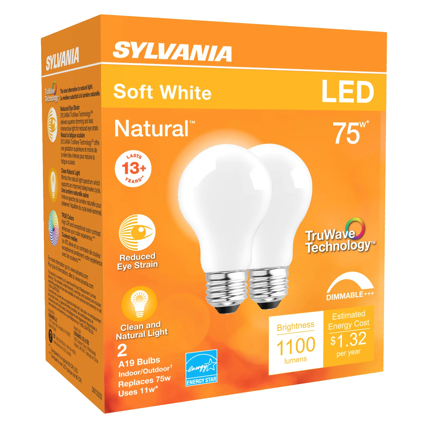 A19 E26 Led Bulb Soft White 75w Equivalent 2 Pk, 11w, 1100 Lumens
