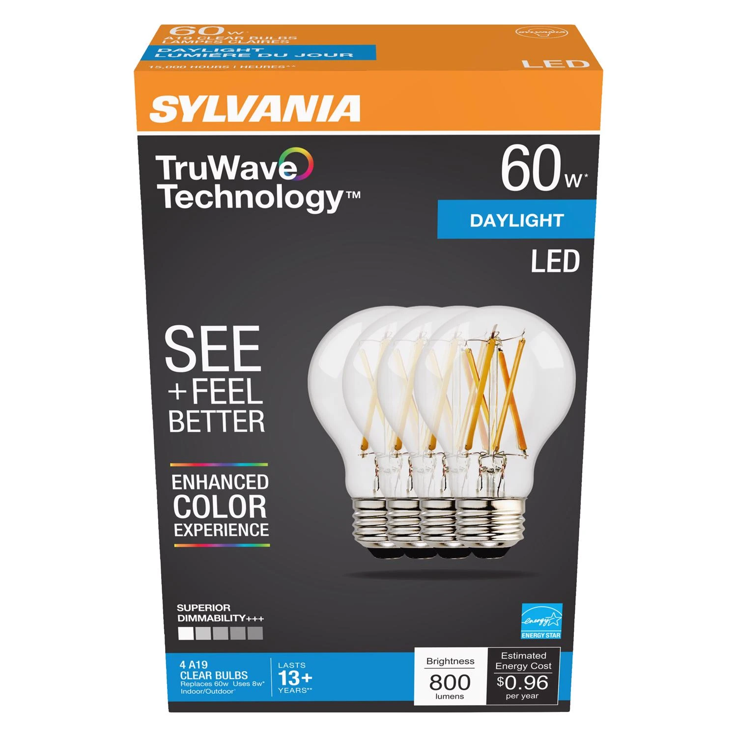 Truwave A19 E26 Led Bulb Daylight 60w Equivalence 4 Pk, Dimmable, 800 Lumens