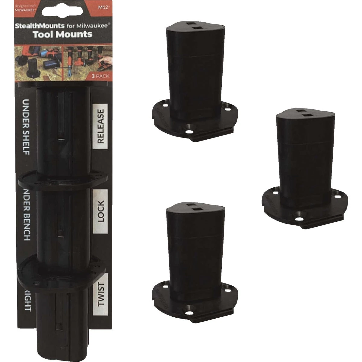 Stealthmounts BLACK Tool Mounts Storage for Milwaukee M12 Power Tools 3 per Pack.