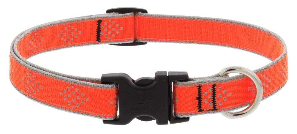 Adjustable Small Dog Collar, Reflective Orange Diamond Pattern, 3/4 x 9 - 14-In.