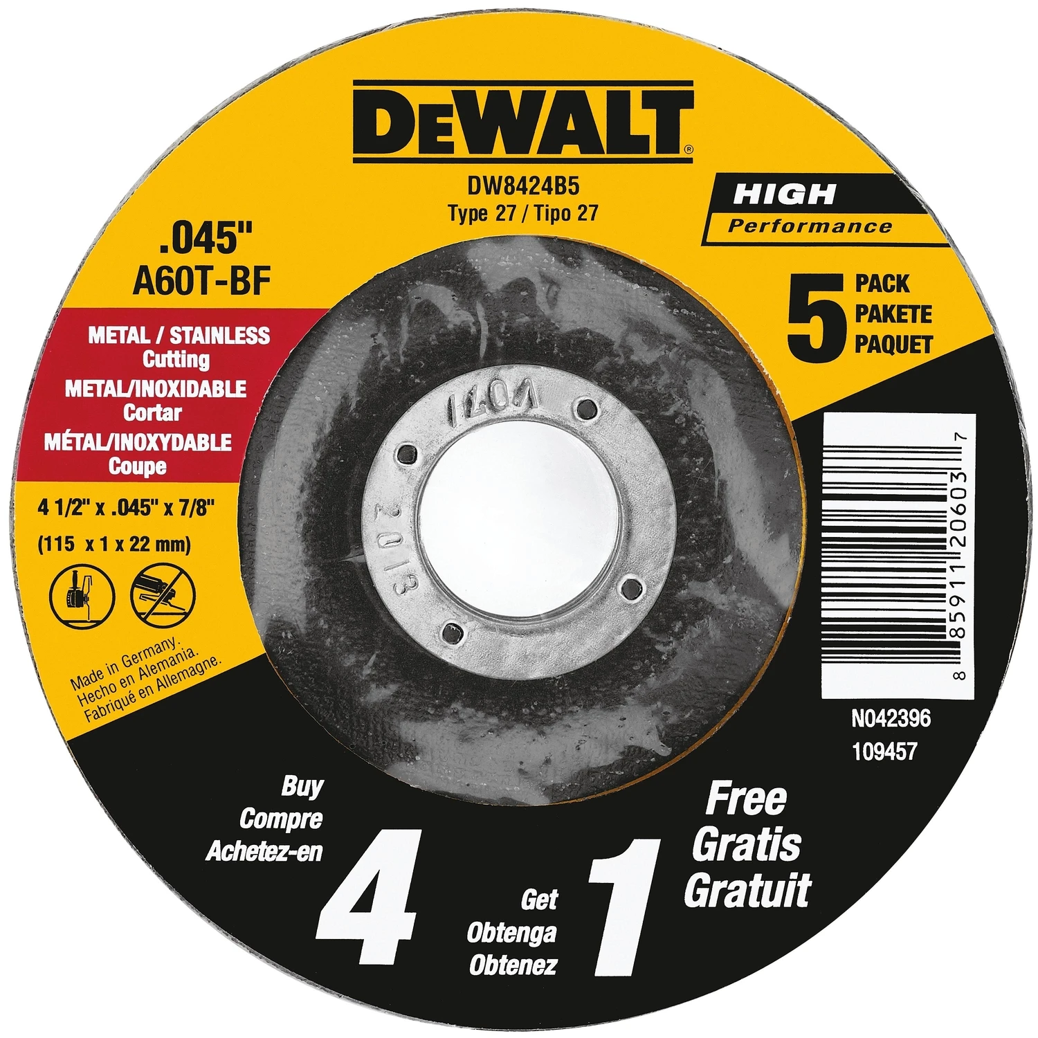 DEWALT 5-Pack Silicon Carbide 4.5-in Grinding Wheel