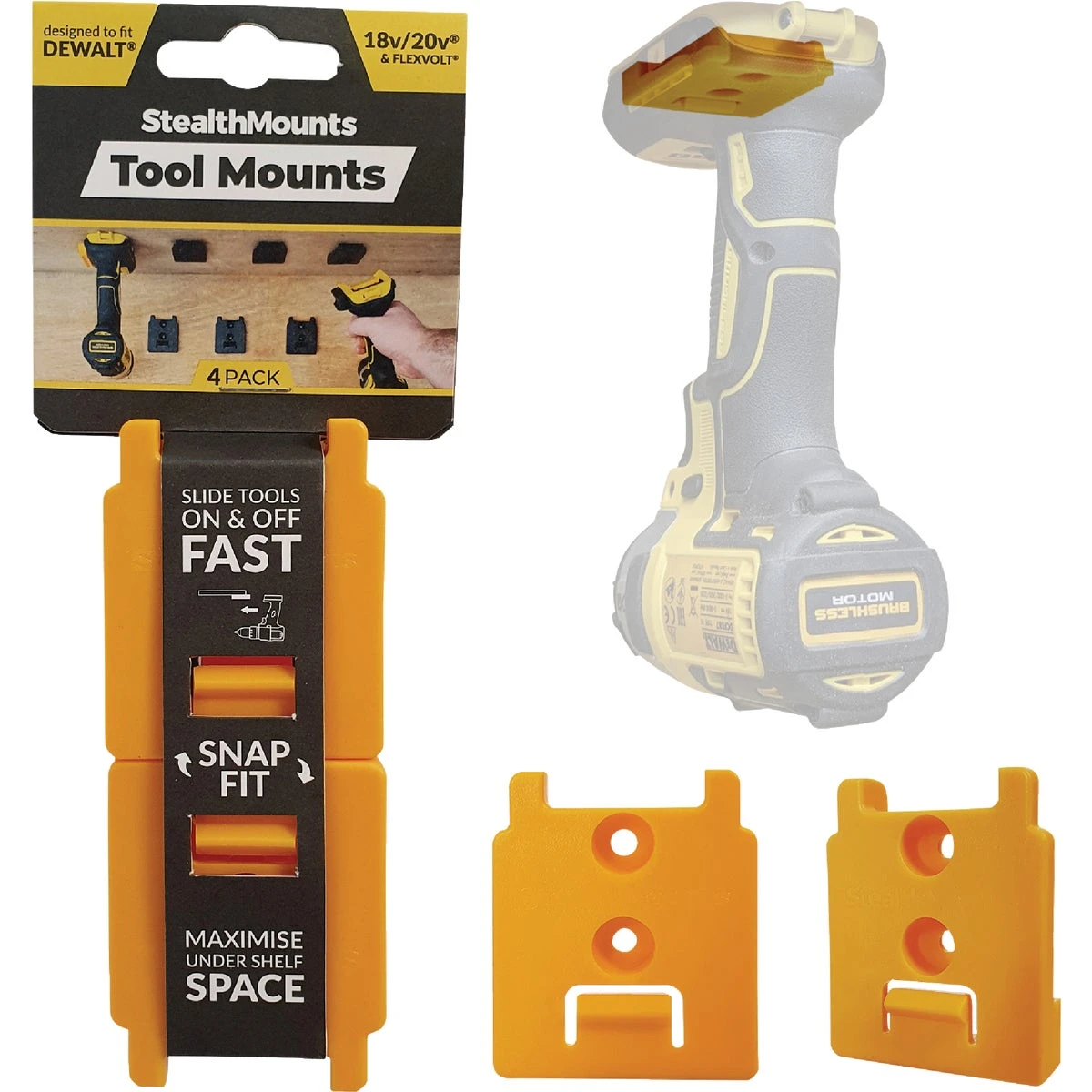 Stealthmounts Llc-TM-DW18-YLW-4 StealthMounts Tool Mount DEWALT 18V 20V XR Tools Yellow 4pk