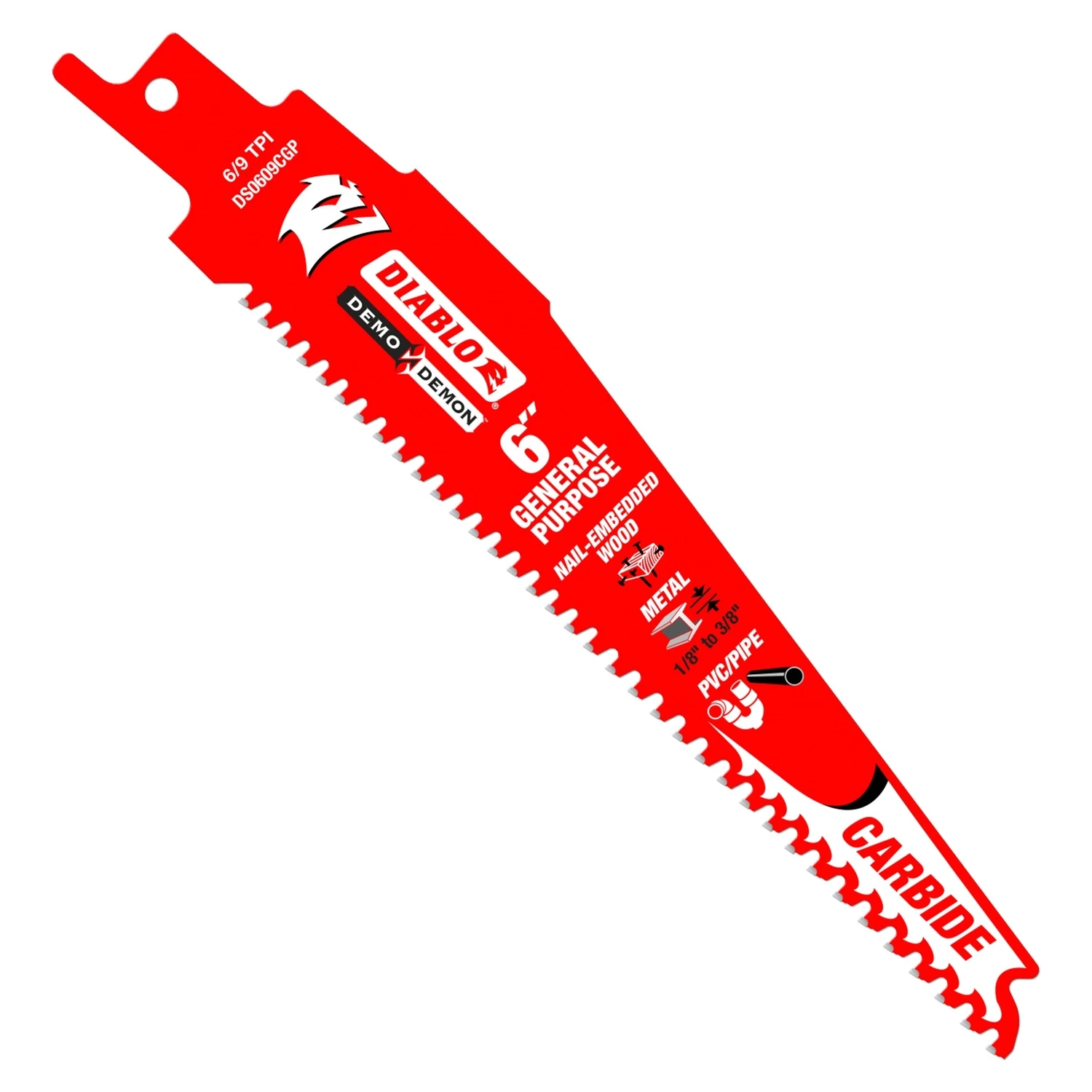 Diablo Demo Demon DS0609CGP10 Reciprocating Saw Blade, 1 in W, 6 in L, 6, 9 TPI, Carbide Cutting Edge