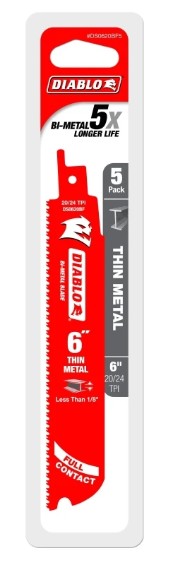 Diablo DS0620BF5 Reciprocating Saw Blade, 1 in W, 6 in L, 20/24 TPI, Bi-Metal Cutting Edge