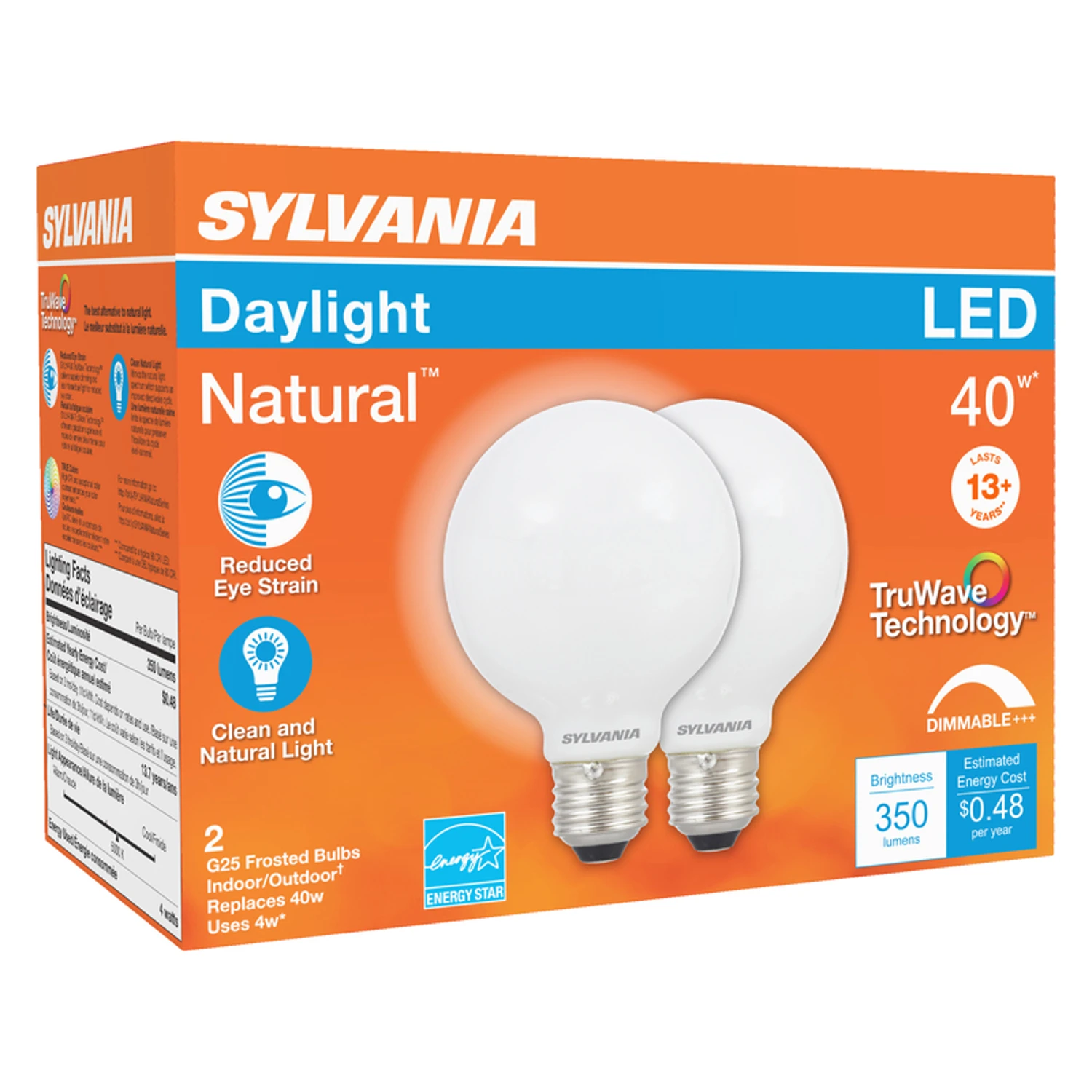 G25 E26 Led Bulb Daylight 40w Equivalent Dimmable 2 Pk With Truwave Technology