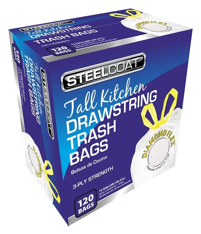 13 Gallon Drawstring Kitchen Trash Bags, 3-ply, 120 Bags, 25 X 27.4 In, White