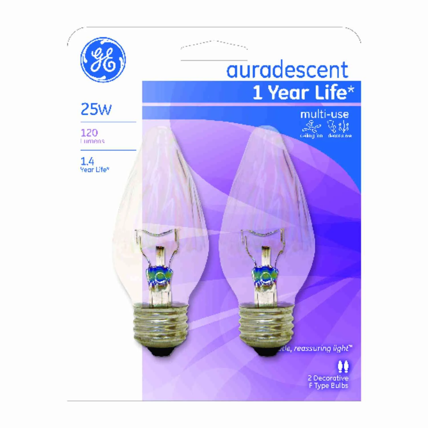 GE 75340 Ceiling Fan Bulb, 25 W, F15 Lamp, E26 Medium Lamp Base, 170 Lumens, Auradescent Light