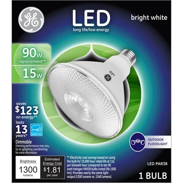 LED Floodlight Bulb, Medium Base, Bright White, Clear, 15 Watt