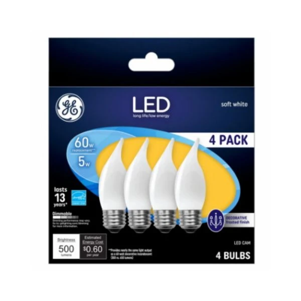 GE 93129351 LED Bulb, Flame Lamp, 60 W Equivalent, Medium Lamp Base, Dimmable, Frosted, Warm White Light