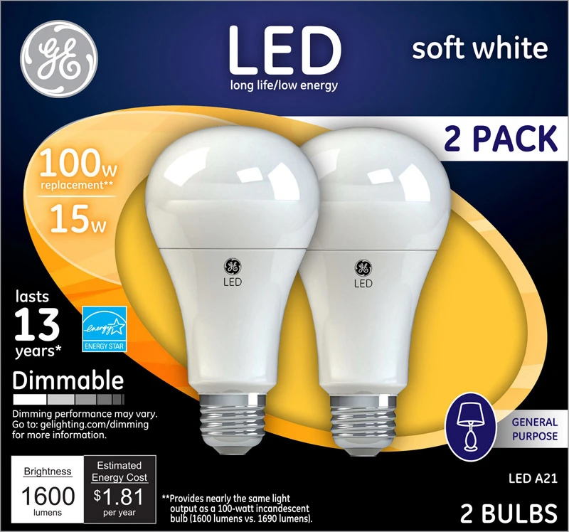 GE 93127668 LED Bulb, General Purpose, A19 Lamp, 100 W Equivalent, Medium Lamp Base, Dimmable, Soft White Light