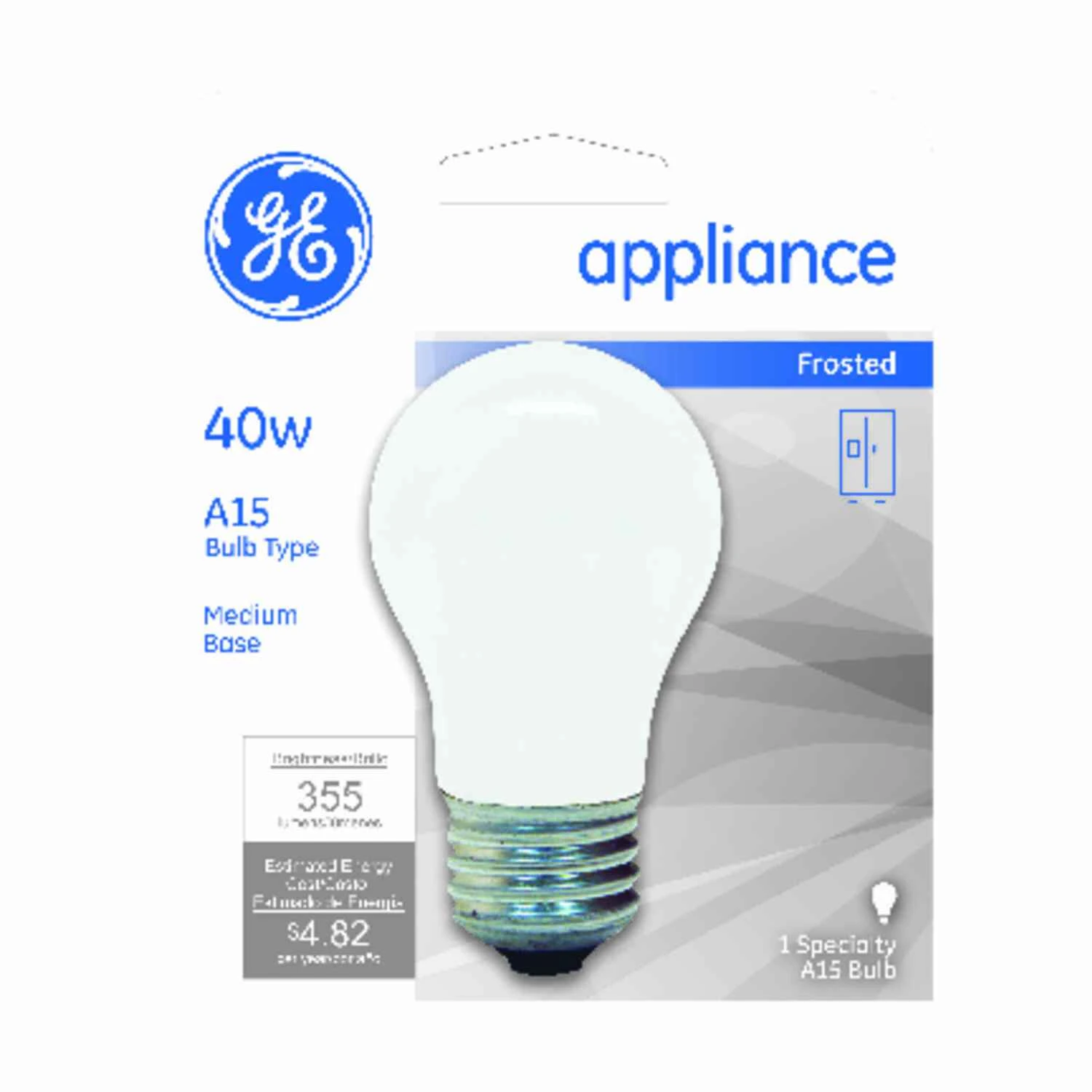 GE 27495 Ceiling Fan Bulb, 40 W, A15 Lamp, E26 Medium Lamp Base, 355 Lumens, 2700 K Color Temp, Frosted Light