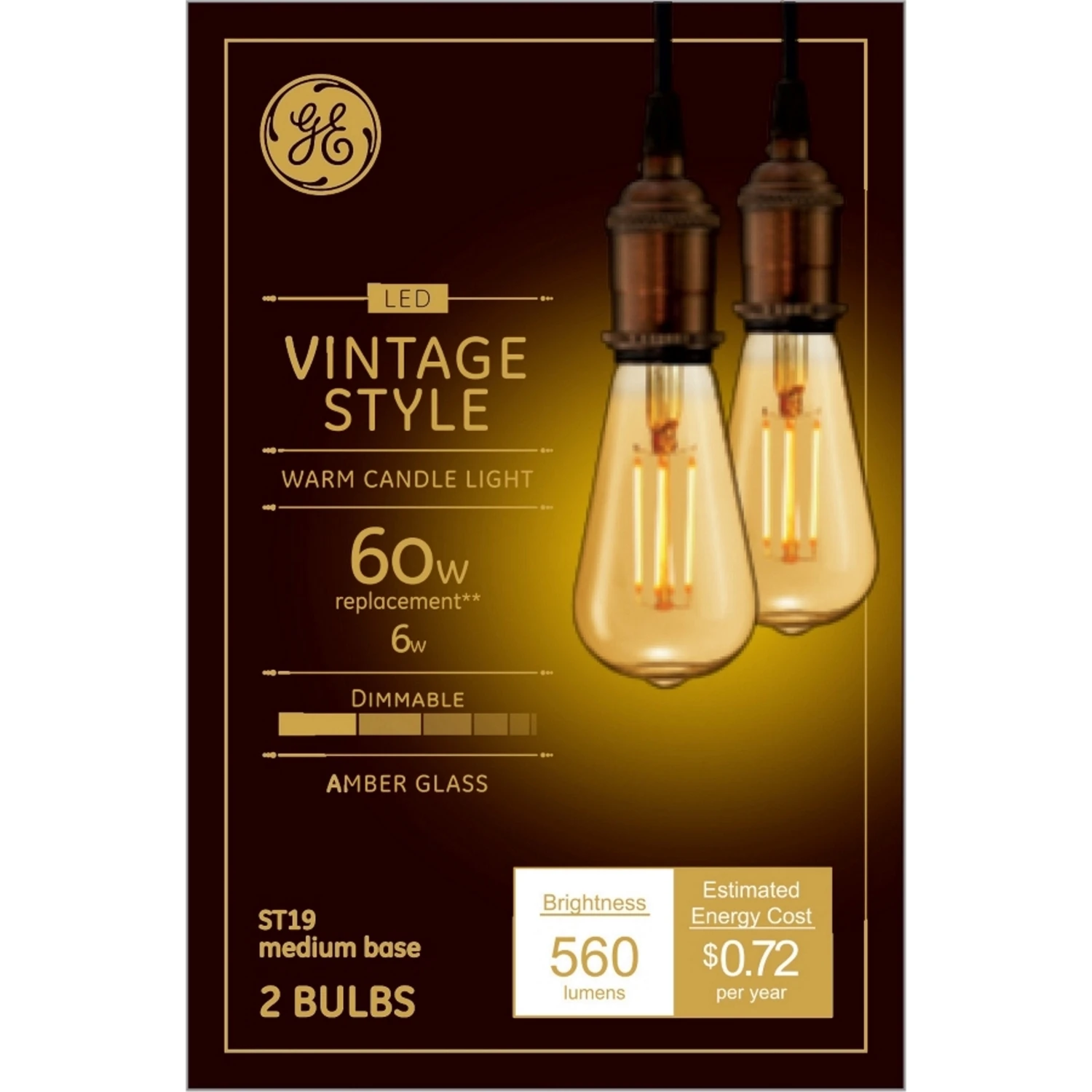 GE 42200 Replacement Bulb, Decorative, Vintage, ST19 Lamp, 60 W Equivalent, Medium (E26) Lamp Base, Dimmable, Amber