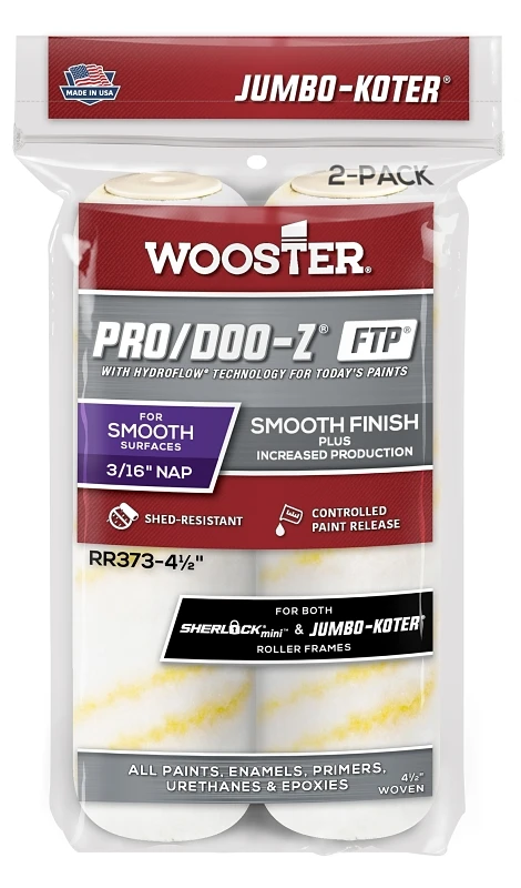 Wooster Pro/Doo-Z FTP RR373-4 1/2 Roller Cover, 3/16 in Thick Nap, 4-1/2 in L, Fabric Cover, White