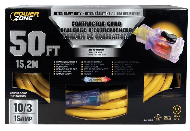 50-foot 10/3 Pro Sjtow Extension Cord With Lighted Locking Connector