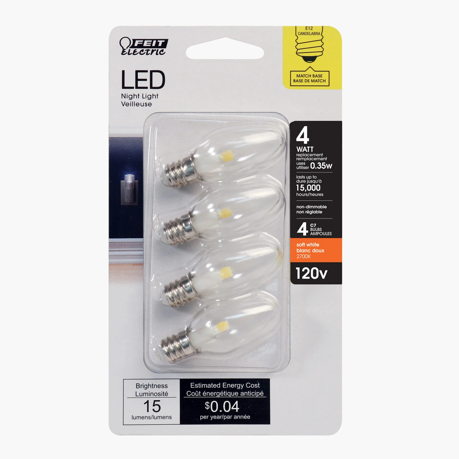 C7 E12 Led Bulb Soft White 4 Watt Equivalence 4 Pk, 15 Lumens