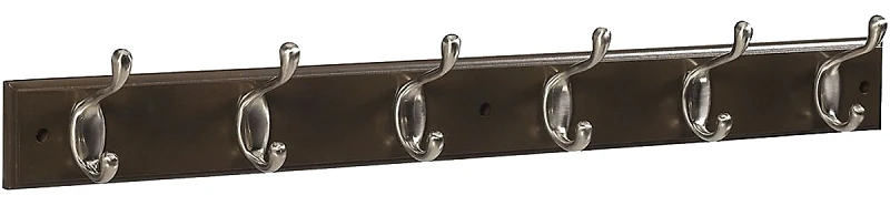 S813-006 27 In. Satin Nickel Hook Rail, 6 Hooks, Brown Wood
