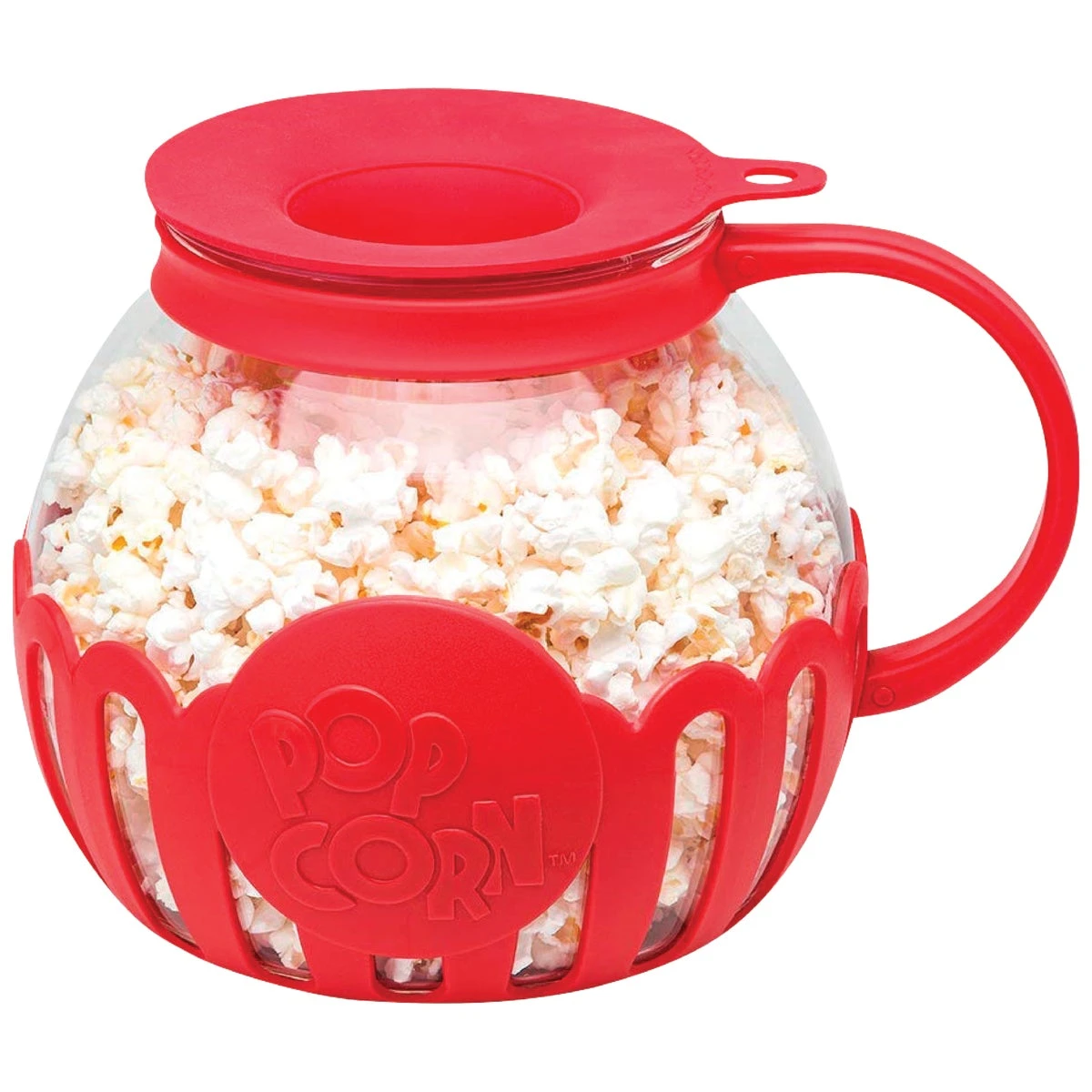 Micro-pop 3 Quart Glass Popcorn Popper With Protective Holder And Dual Function Silicone Lid - Red