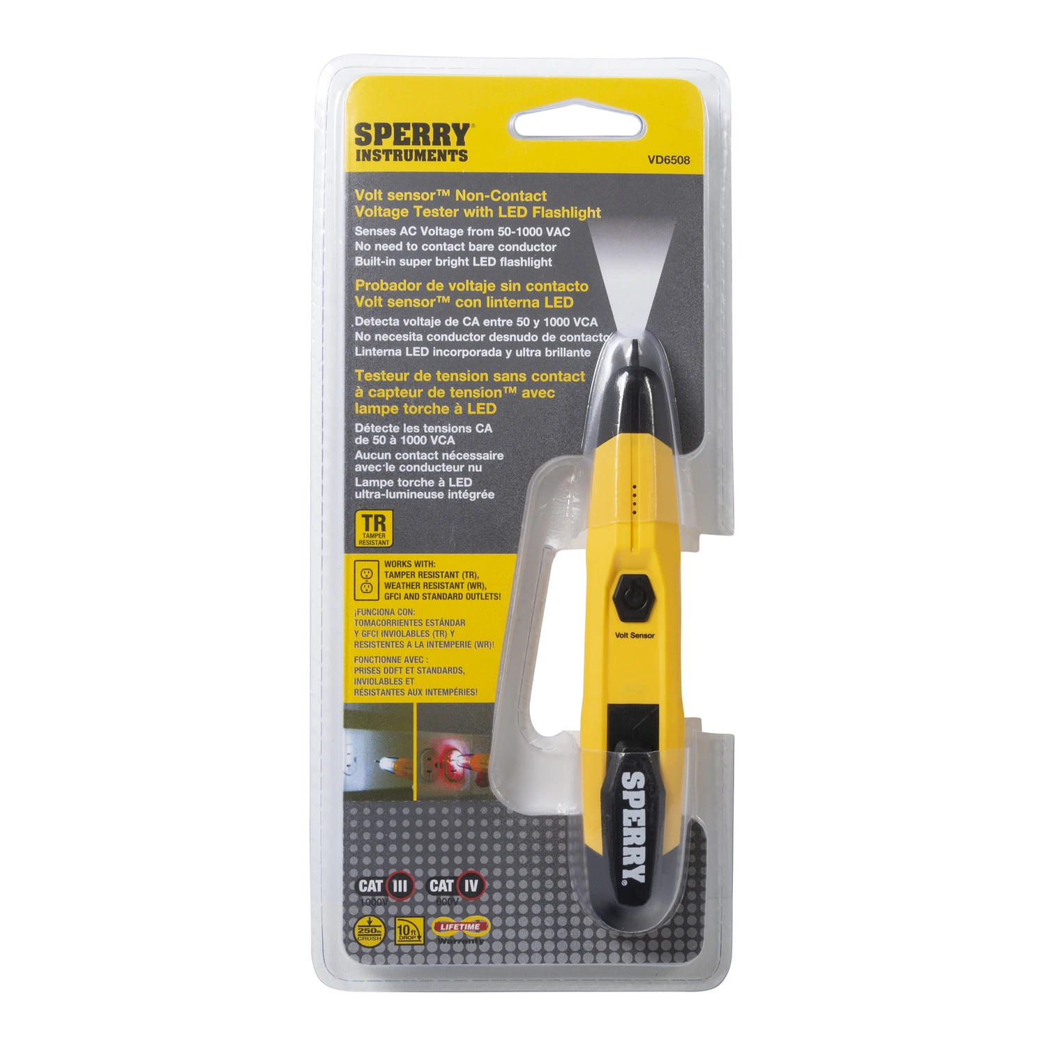 Sperry Instruments VD6508 Detector with Flashlight, 50 to 1000 V, LED Display, Functions: AC Voltage, Yellow