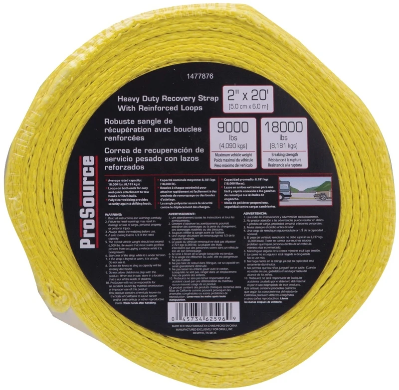 Fh64062 Recovery Strap, 2 In W X 20 Ft L, 18,000 Lb Capacity, Yellow