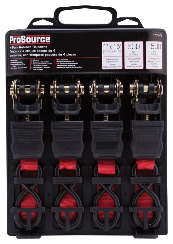 Fh64069 1 In W X 15 Ft L Ratchet Tie Down, 500 Lb, 4-pack, Red
