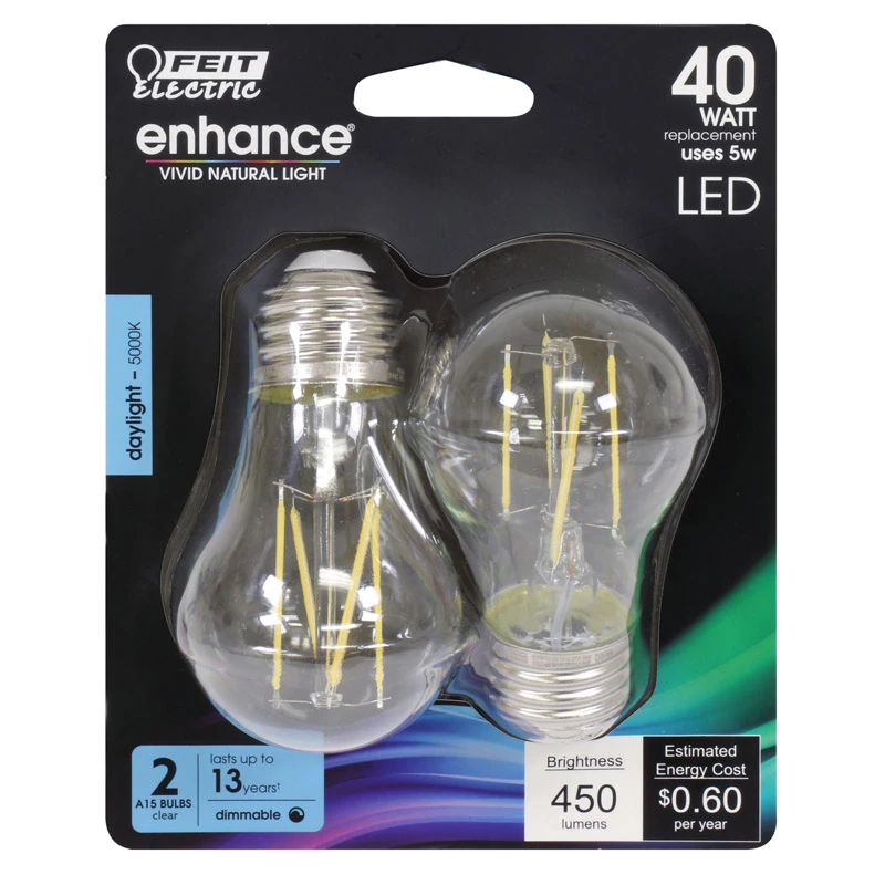 Enhance A15 E26 Filament Led Bulb Daylight 40w Equivalent 2 Pk, 450 Lumens