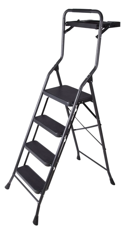 Folding Steel 4-step Stool With Tray, 250 Lb Capacity, Gray Finish