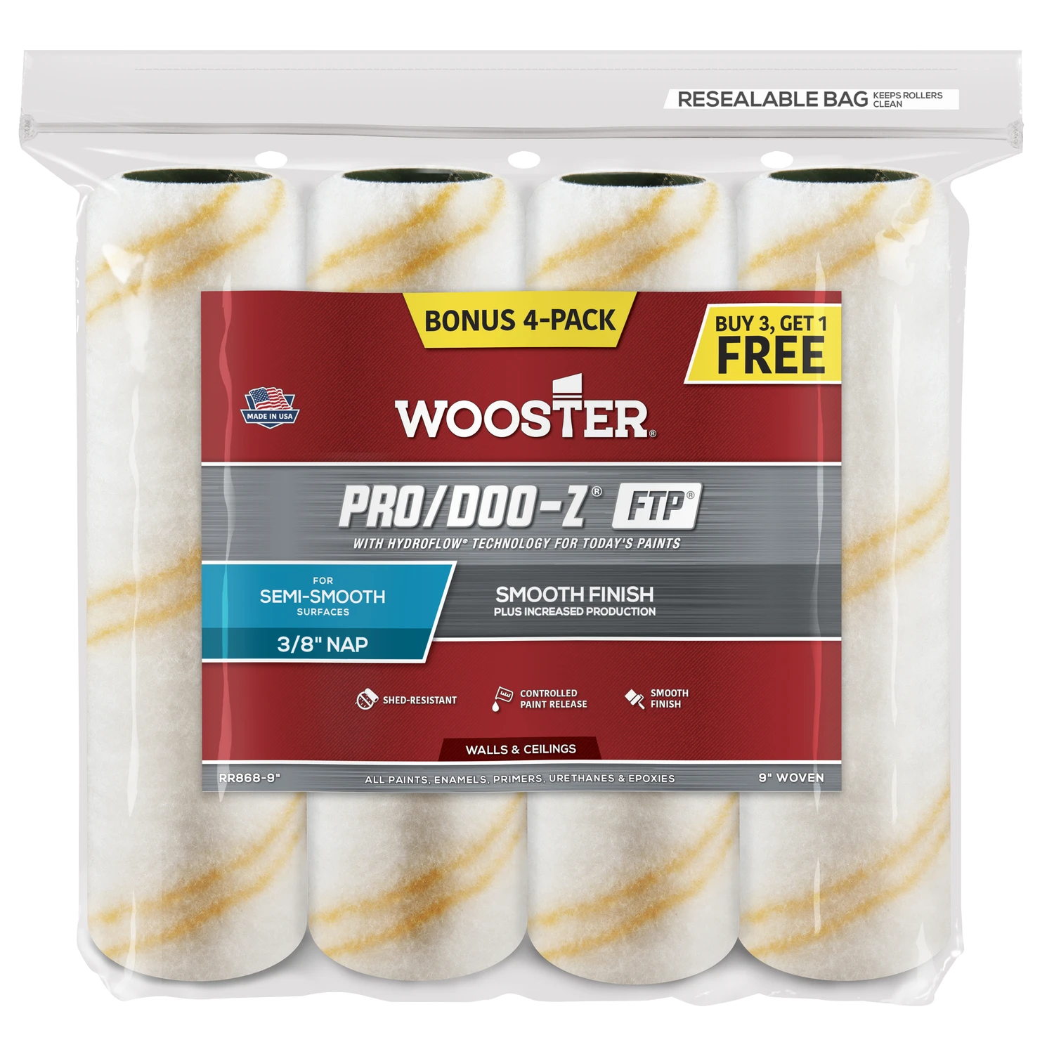 9 In. X 3/8 In. Woven Fabric Roller Cover (4 Pk) - Shed Resistant